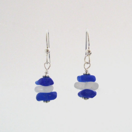 3 cobalt and white sea glass earrings