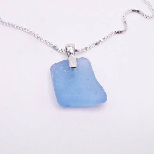 Cornflower blue sea glass necklace with a sterling silver bail