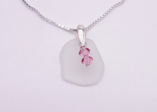 authentic white sea glass with pink swarovski crystals